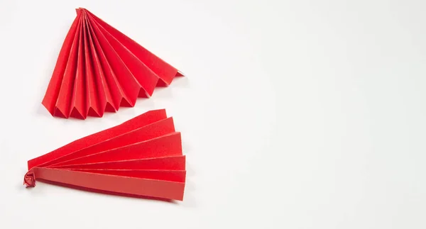 Banner Két Piros Origami Papír Rajongók Másolás Hely Helyet Szöveg — Stock Fotó