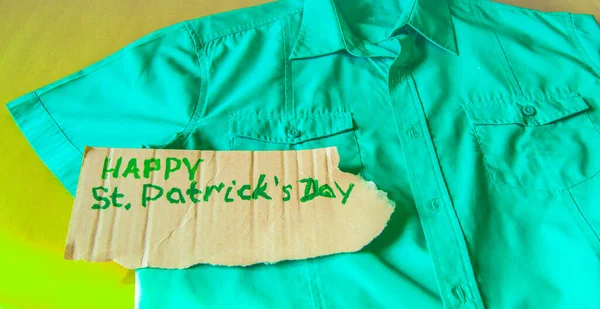 Inscription Piece Cardboard Patrick Day Background Green Shirt — Stock Photo, Image