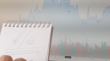 Bir kadın tüccar borsada işlem yaparken fiyat tablolarını analiz eder, bir deftere not alır, yatırım ve borsada işlem kavramı, 4k video