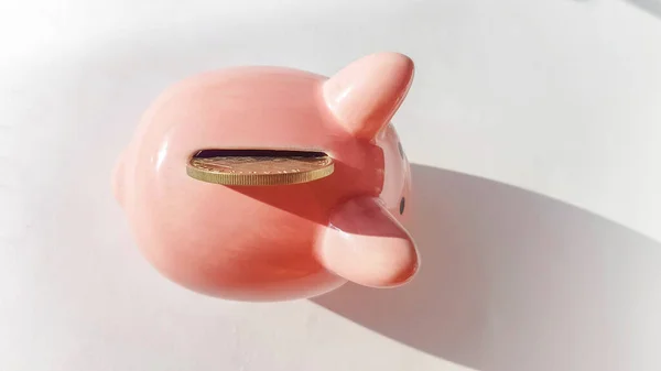 Top View Pink Piggy Bank Slot Insert Coin White Background — Φωτογραφία Αρχείου