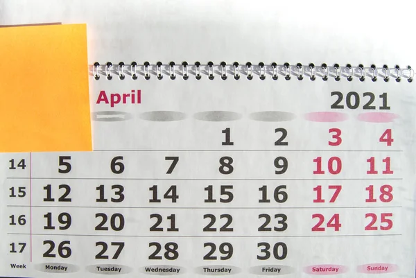 Kalenderplanner Voor April 2021 Met Sticker Voor Notes Fiscale Tijd — Stockfoto