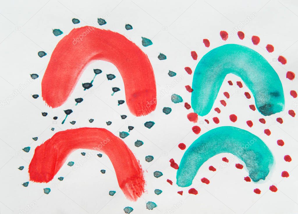 Simple abstract background pattern with arcs, paint strokes children's watercolor drawing by hand.