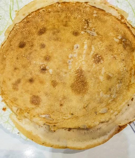 Tampilan Atas Pancake Yang Baru Dibuat Close Latar Belakang Makanan — Stok Foto
