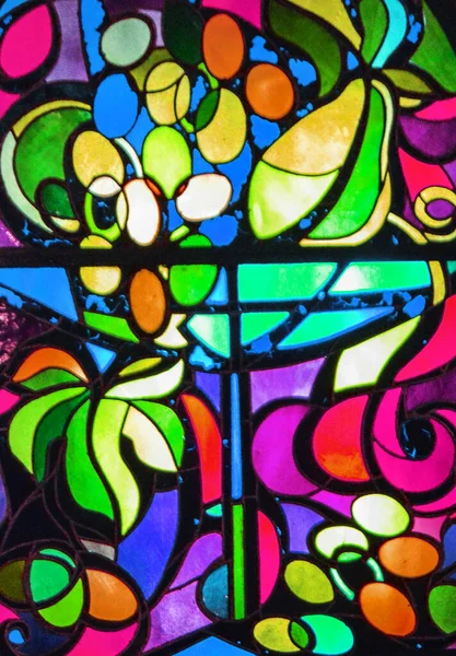 Abstrato Fundo Vidro Manchado Vidro Multicolorido Com Ornamentos Florais Frutas — Fotografia de Stock