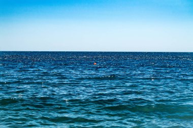 BLUE 'nin arka planı sakin deniz ve gökyüzü, ufuk çizgisi.