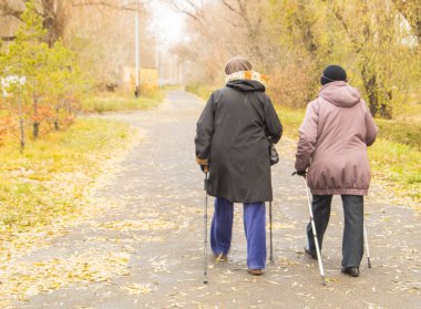 Ceket giymiş iki emekli kadın, İskandinavya 'da ağaçların ortasındaki bir sonbahar parkında yürüyorlar. Arka plan, yaşlılıkta spor kavramı..