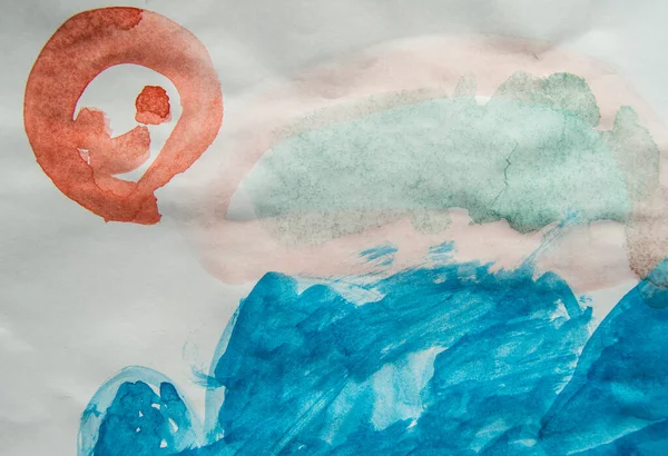 Landscape Sea Sun Clouds Cute Children Watercolor Drawing — Stock Photo, Image