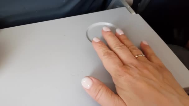 Lock Table Airplane Tray Close Passenger Hand Opening Closing Airplane — Stock Video