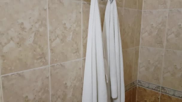 Video Soporte Toallas Metal Baño Con Dos Toallas Rizo Blanco — Vídeos de Stock