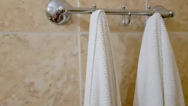 Video Banyoda Iki Beyaz Havlu Ile Metal Havlu Tutacağı — Stok video