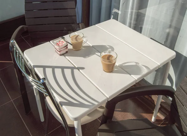 Desayuno Terraza Del Balcón Interior Exterior Con Luz Solar Sombras — Foto de Stock