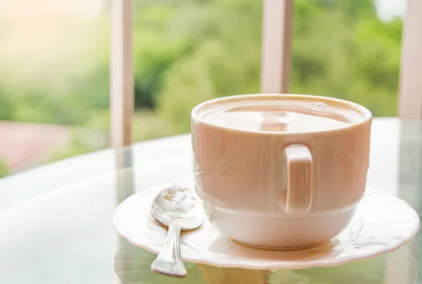 Coffee Cup Glass Table Balcony View Nature Sea Delicious Breakfast — Stock Photo, Image