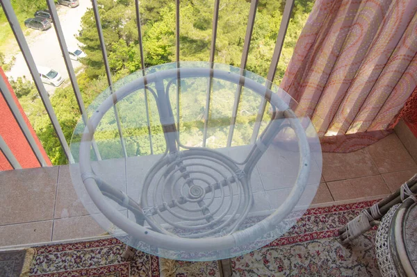 Comfortable Seating Area Balcony Rattan Wicker Chair Transparent Glass Table — Stock Photo, Image