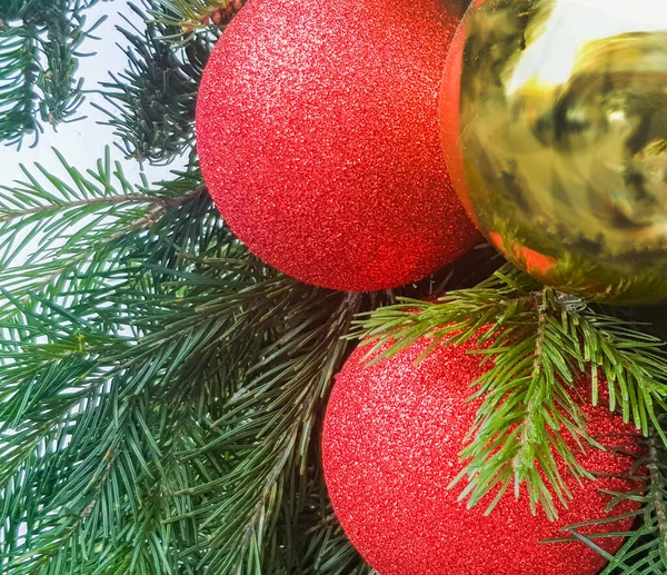 Bolas Oro Rojo Navidad Primer Plano Del Árbol Navidad Decoración — Foto de Stock