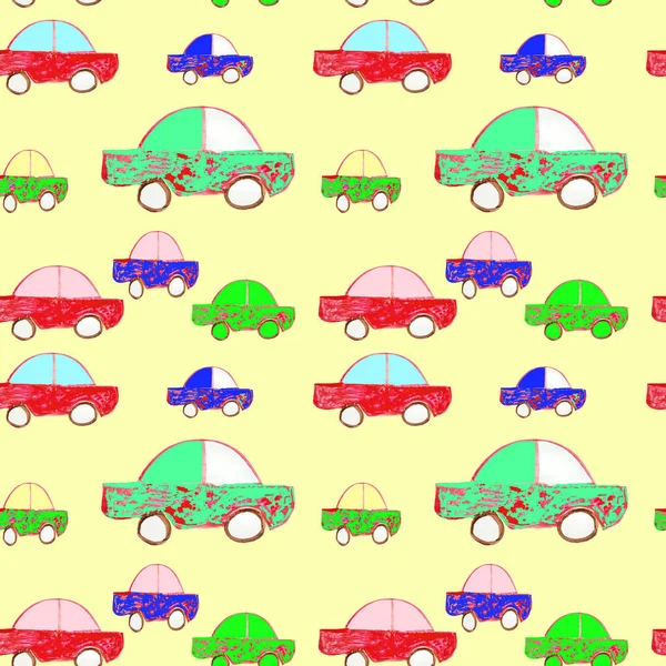 Seamless pattern on a yellow background, watercolor vintage hand-drawn illustration. Multi-color texture of a retro car in a row.