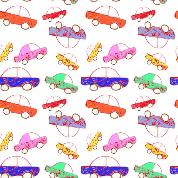 Seamless pattern on a white background, watercolor vintage colorful background. Original hand-drawn illustration. Multi-color texture of a retro car
