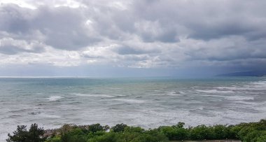 Dalgalar ve gökyüzü ile deniz manzarası, ön planda ağaçlar, sabah, bulutlu hava, şafak.