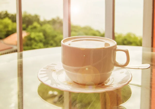 Coffee Cup Glass Table Balcony View Nature Sea Delicious Breakfast — Stock Photo, Image