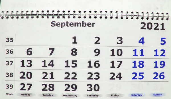 Settembre 2021 Calendario Vicino Pagina Con Giorni Lavorativi Fine Settimana — Foto Stock