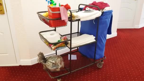 Video Pembersihan Kamar Hotel Blue Trolley Untuk Bahan Kimia Rumah — Stok Video