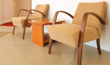 İki kahverengi koltuk ve aralarında pembe bir duvara dayalı bir sehpa. Modern bir oturma odası ya da bir otelin salonu..