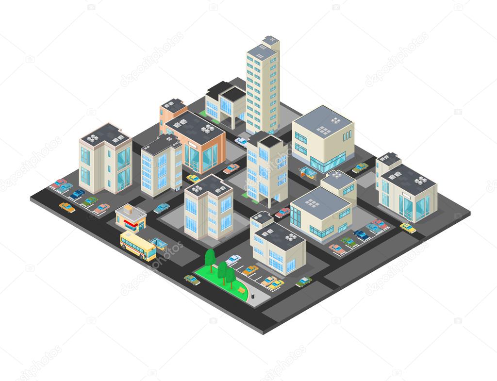 Isometric Downtown Urban City District.