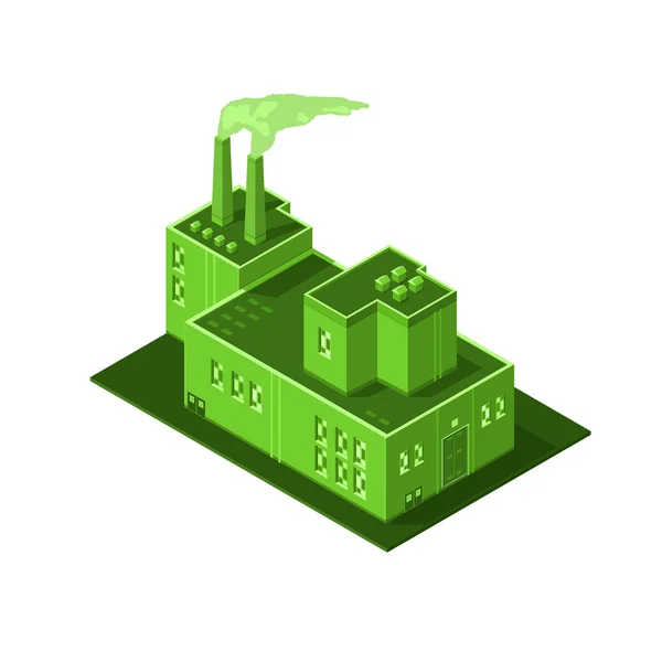 Grön isometrisk fabriken kraftverk lager produktion. — Stock vektor