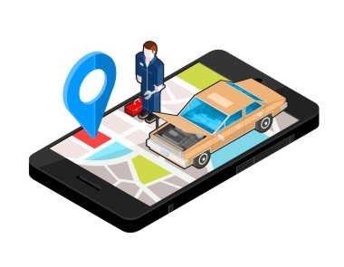 İzometrik simge tasarlamak vektör akıllı telefon - bir otomatik mekanik için bulma konum.