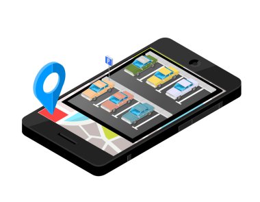 Akıllı telefon navigasyon - şehir kentsel araba park için için izometrik simge tasarlamak vektör.