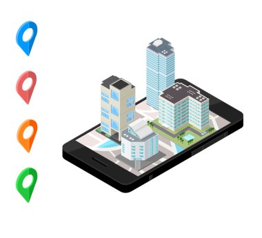 İzometrik simge tasarlamak için bir kentsel şehir bir vektör akıllı telefon navigasyon haritası.