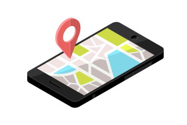 İzometrik simge tasarlamak vektör akıllı telefon - kentsel bir şehir için navigasyon haritası için.