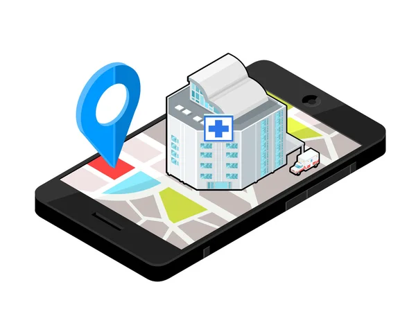 Ισομετρική εικονίδιο εικονογράφηση για ένα χάρτη πλοήγησης έξυπνο τηλέφωνο φορέα για ένα νοσοκομείο και ασθενοφόρο έκτακτης ανάγκης υπηρεσία. — Διανυσματικό Αρχείο