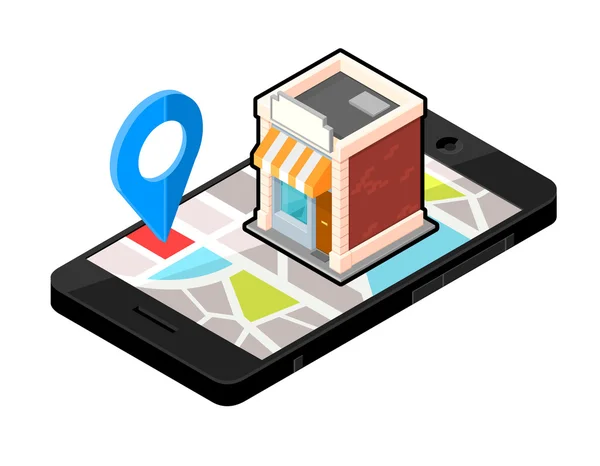 Icono isométrico ilustración de un vector Mapa de navegación por teléfono inteligente para ir de compras en una ciudad urbana . — Vector de stock