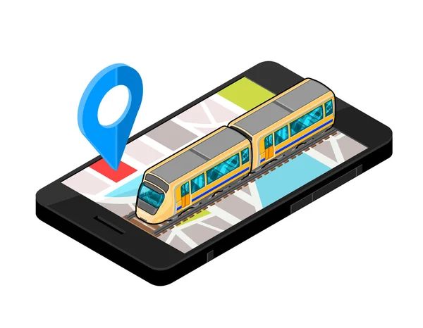 Isometrisk ikon illustration av en vektor Smart telefon navigeringskarta för en urbana staden commuter train.. — Stock vektor