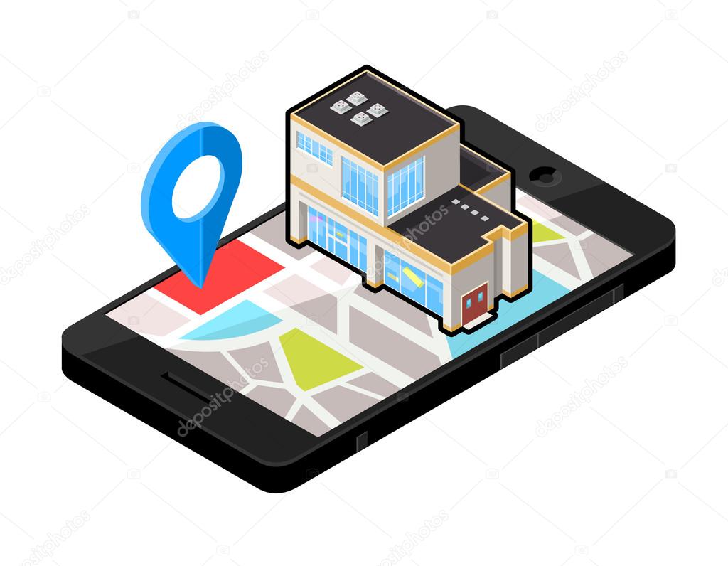 Vector Isometric Icon illustration for  Smart phone navigation - To a Large Department Store.