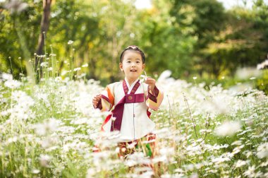 Çiçek Bahçesi geleneksel bir Hanbok giyen Koreli çocuk