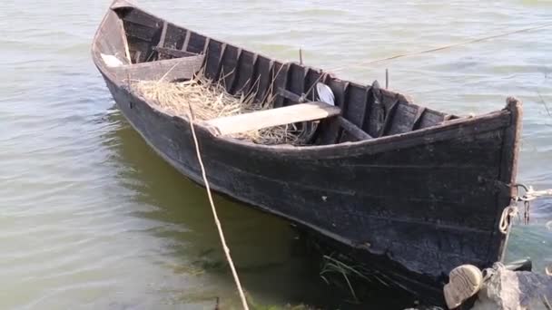 Vecchia barca di legno galleggia ormeggiata nel fiume — Video Stock