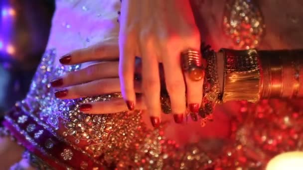 Golden Oriental Jewelry and Accessories: Female Hands with Indian Jewellery. — Stock Video