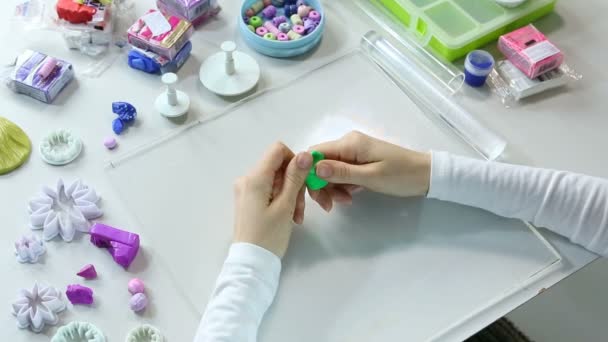Artista faz jóias de barro de polímero, processo. Oficina — Vídeo de Stock