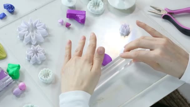 Artista faz jóias de barro de polímero, processo. Oficina — Vídeo de Stock