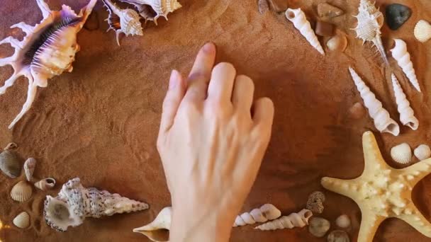 Hand drawing Number Four 4 symbol in the sand. Beach background. Top view — Stock Video