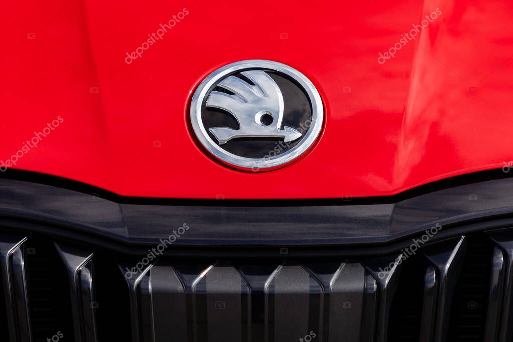 PRAGUE, CZECH REPUBLIC - MAY 24, 2021: Logo of Skoda vehicle in Prague, Czech Republic, May 24, 2021