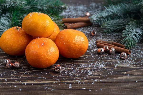 Tangerines Wooden Background Branches Christmas Tree Pine Cones Covered Snow — Stock Photo, Image