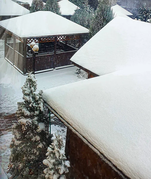 Los Techos Las Casas Los Árboles Están Cubiertos Nieve Blanca — Foto de Stock