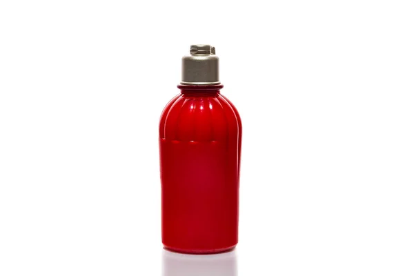 Red Bottles Shower Gel Cream White Background Lightweight Plastic Jars — Stock Photo, Image