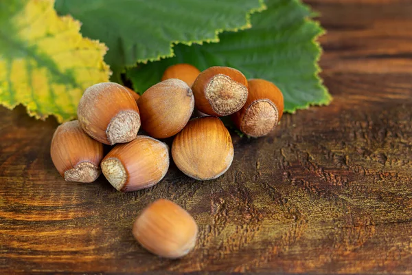 Nocciole Fondo Legno Con Foglie Verdi Contiene Vitamine Minerali Benefici — Foto Stock