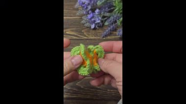 Kelebekler, koyu bir yüzeye örülmüş renkli ipliklerden yapılmıştır. El yapımı. Saç süsü. Boşluğu kopyala