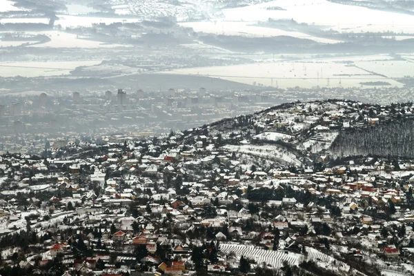 Panoramicl widok miasta w zimie z smog — Zdjęcie stockowe