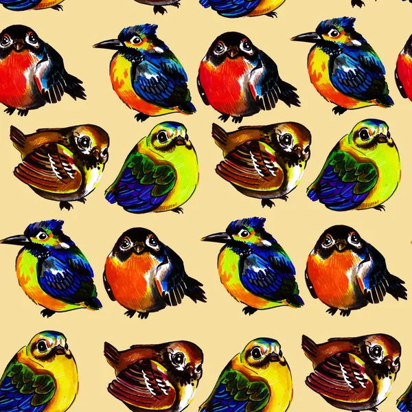 Patrón brillante y colorido sin costuras con pájaros. Bullfinch, titmouse, martín pescador, ballesta, gorrión. Pájaros pequeños y lindos  . — Foto de Stock