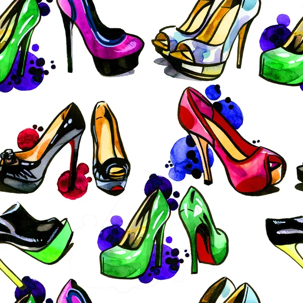 Farbenfrohe nahtlose Muster mit Damenschuhen. Schuhe, in Aquarell gemalt. Aquarellflecken . — Stockfoto